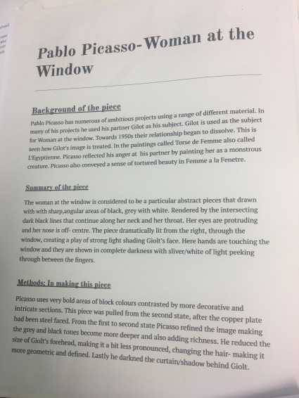 History, summary of piece and methods in making of the woman at the window